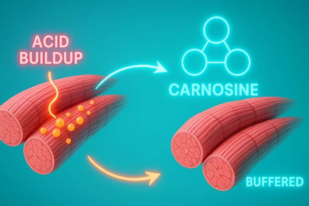 Muscle diagram showing beta-alanine buffering acid during intense workouts