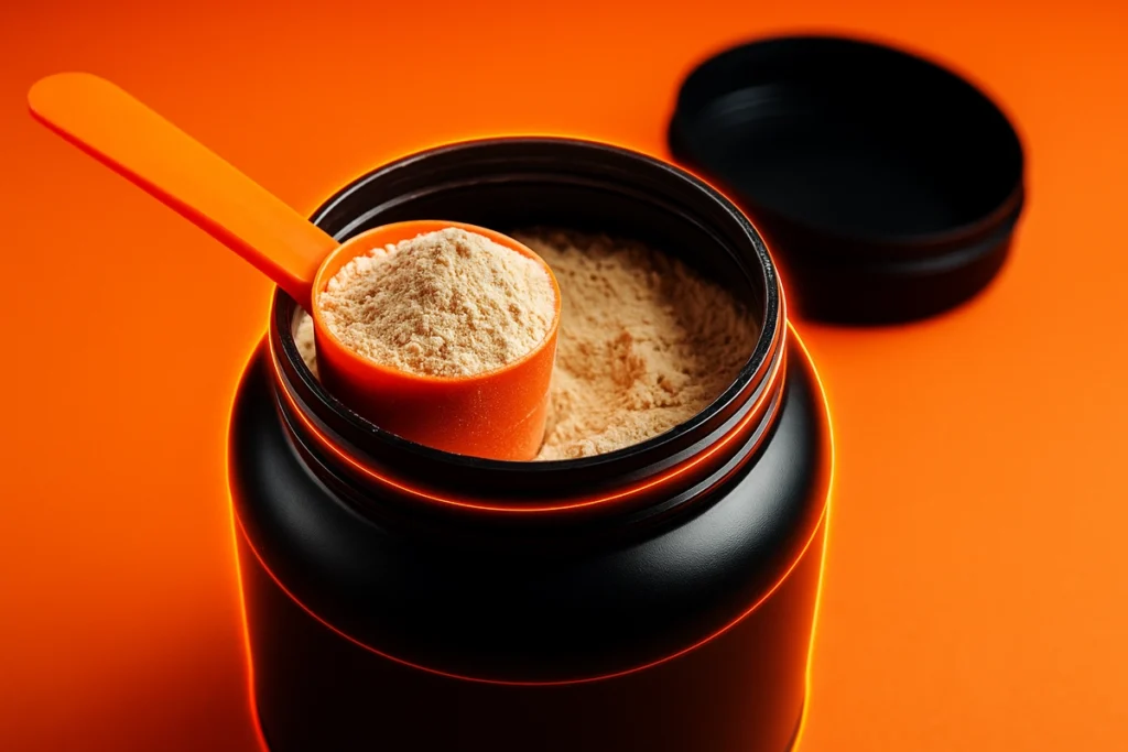 Scoop of mass gainer powder showing recommended daily amount