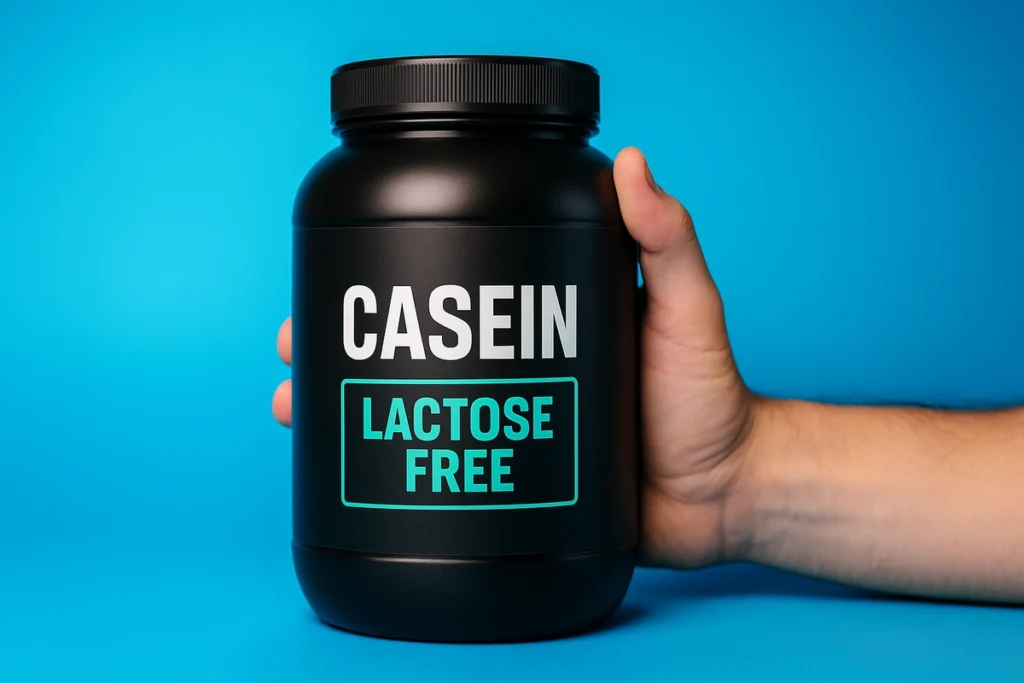 close-up of casein protein label showing lactose-free certification