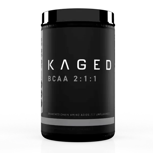 Kaged Muscle BCAA 2:1:1 fermented vegan powder container, stevia-sweetened formula for plant-based athletes