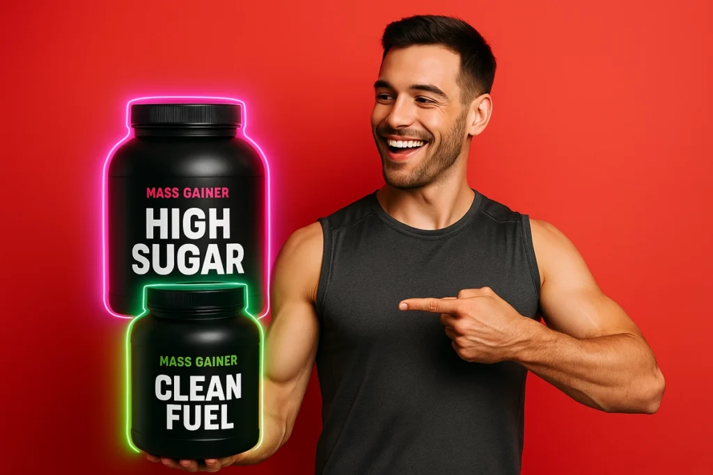 Athlete comparing sugar-filled vs clean mass gainer tubs