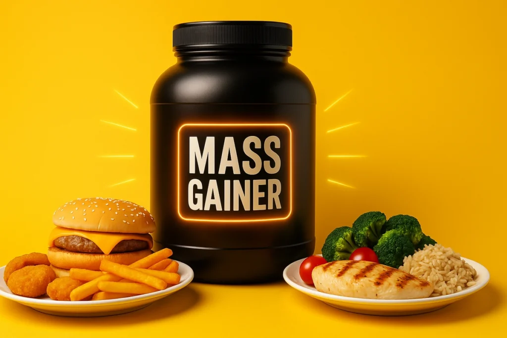 Mass gainer next to junk food and clean meals