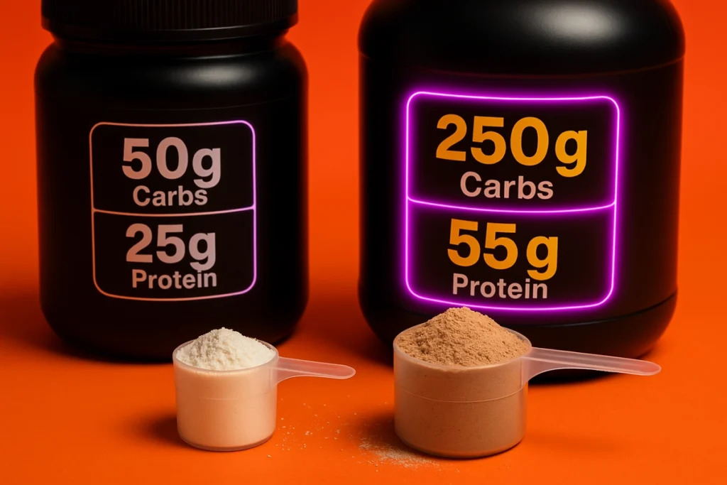 Different serving sizes of mass gainer scoops showing nutrition facts