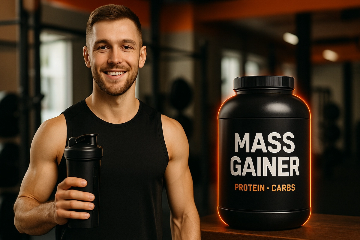 Man holding shaker with mass gainer tub in gym for muscle gain