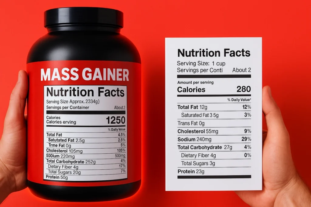 Nutrition label comparison of mass gainer vs whole food ingredients