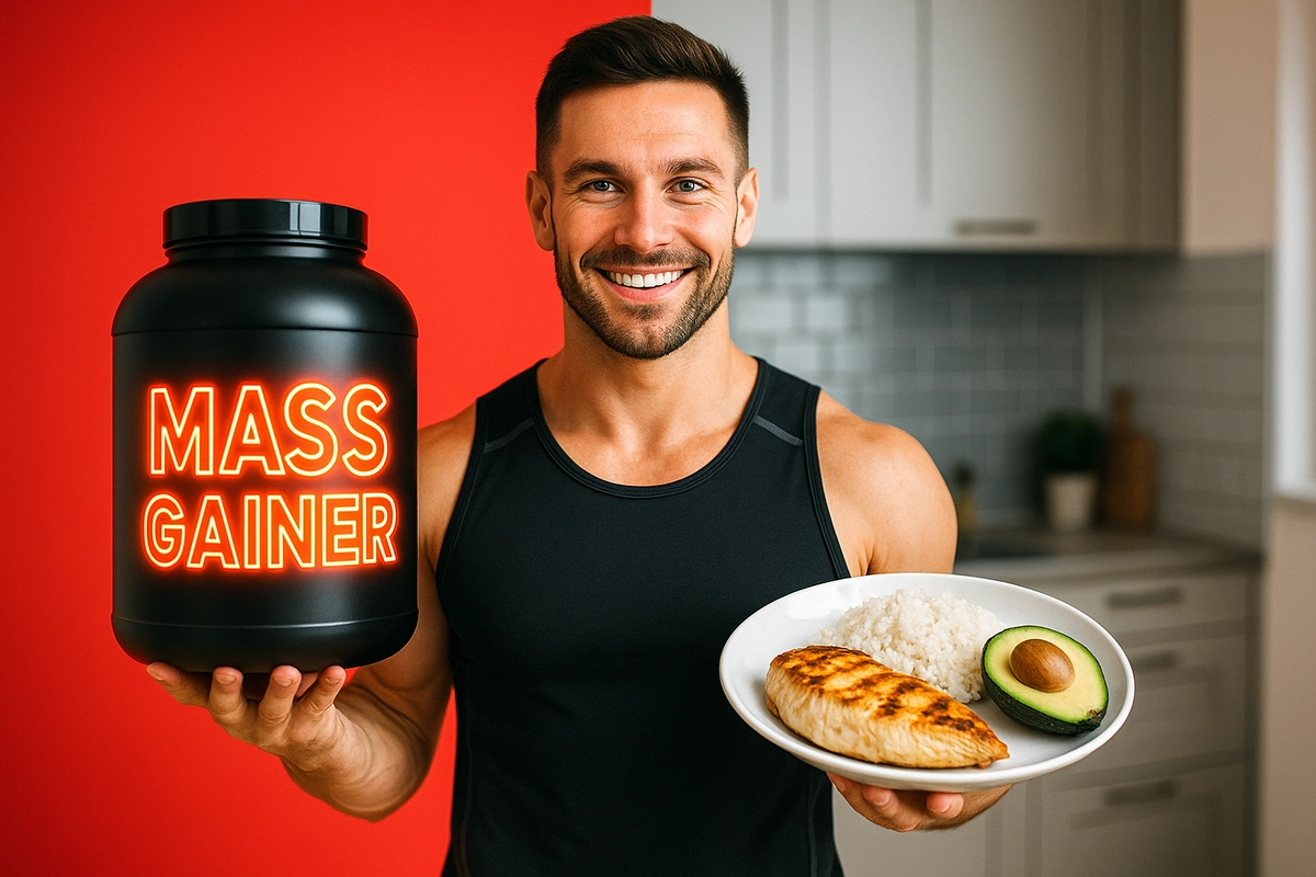 Man comparing mass gainer supplement with whole food meal for muscle building