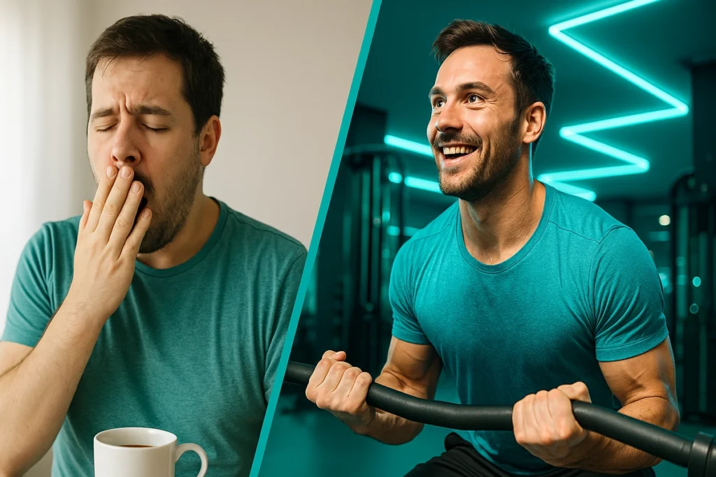 comparison of tired vs. energized athlete showing caffeine impact on morning training