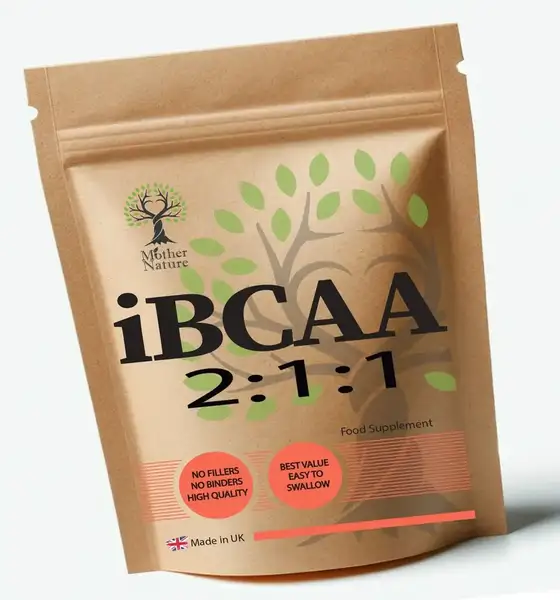 Mother Nature BCAA 2:1:1 vegan capsules bottle, plant-based fermented BCAA for muscle support