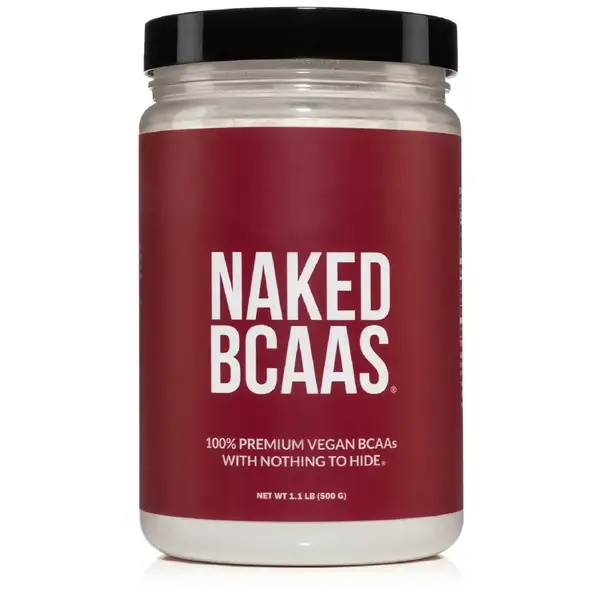 Naked BCAAs unflavored vegan powder in white container with scoop, 2026 review