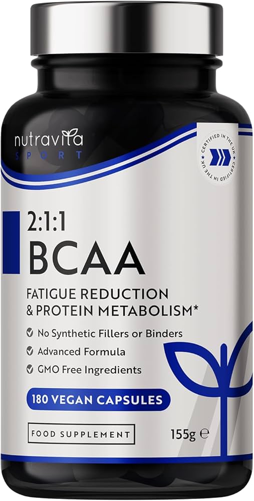 Nutravita BCAA 2:1:1 vegan capsules bottle, plant-based fermented amino acids for muscle recovery