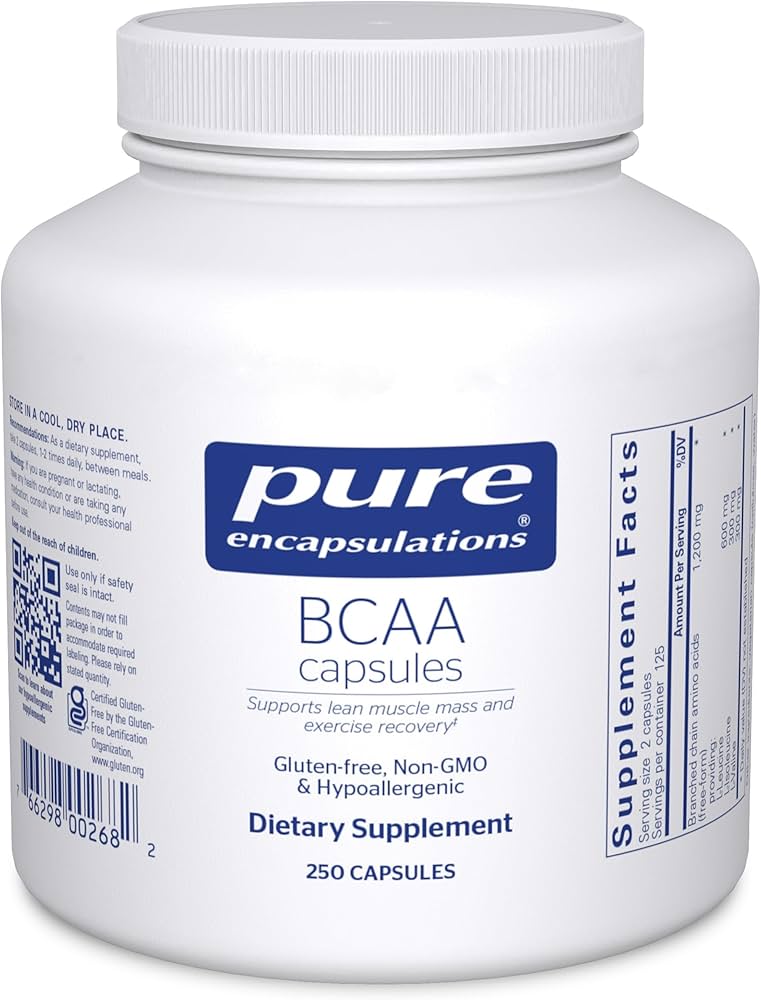 Pure Encapsulations BCAA vegan capsules bottle, hypoallergenic plant-based amino acid supplement