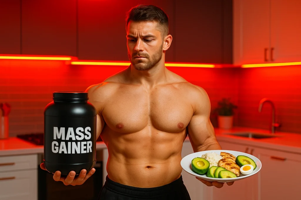 Scale comparing mass gainer and whole food for best bulking results