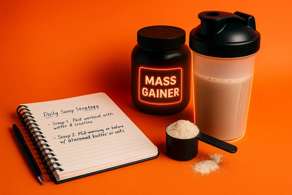 Personal mass gainer scoop routine with shaker and notes