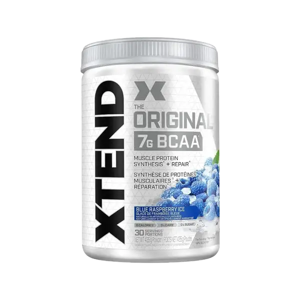 Scivation Xtend plant-based BCAA powder with electrolytes, blue container for vegan athletes
