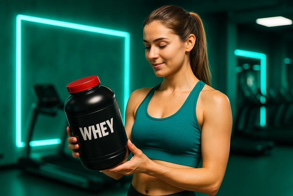 Woman examining whey protein container in gym