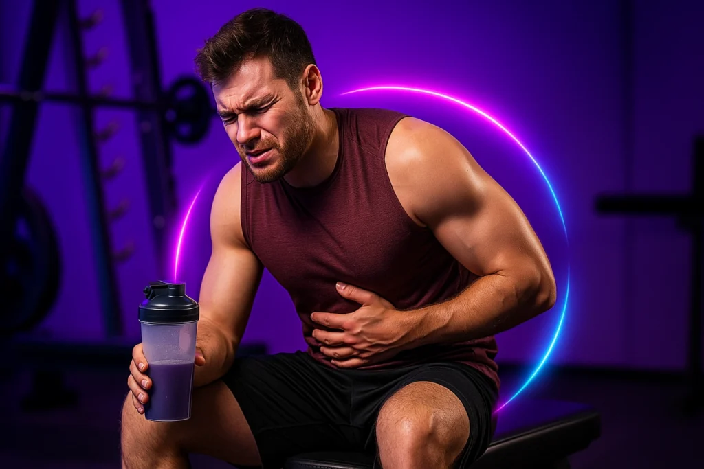 Tired man holding stomach and BCAA shaker on gym bench