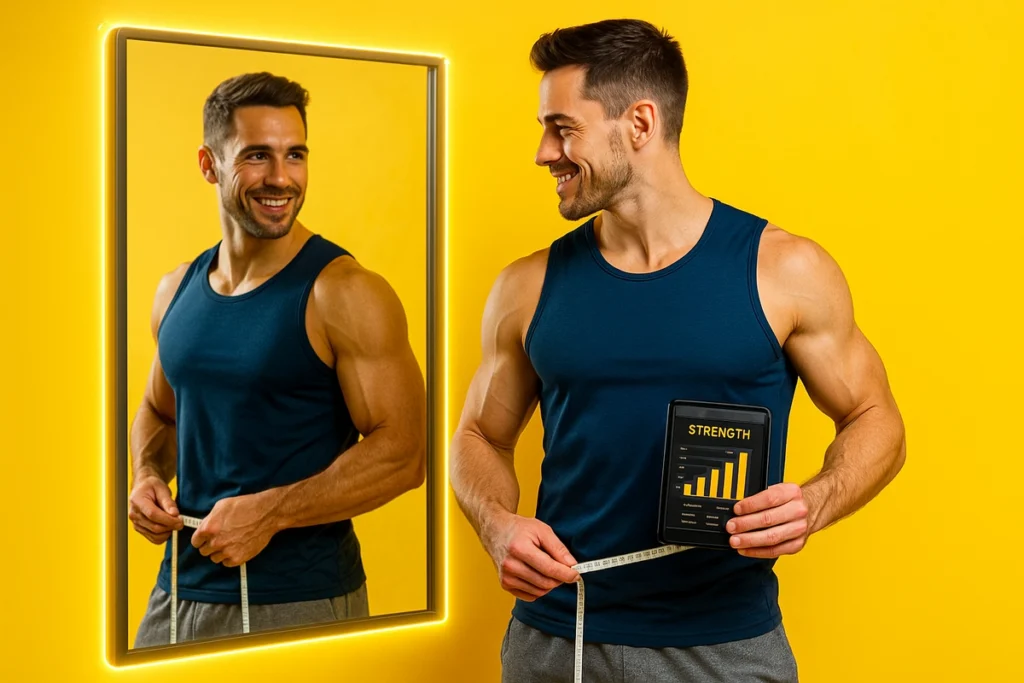 Man checking lean muscle progress using mass gainer