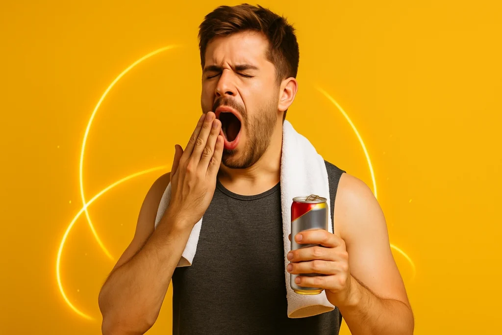 Tired athlete holding energy drink showing signs of caffeine overuse