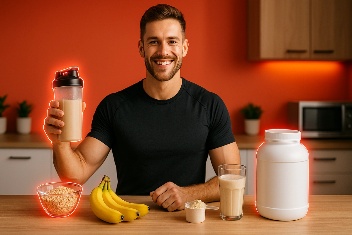 Fit man holding clean mass gainer shake with natural ingredients in modern kitchen