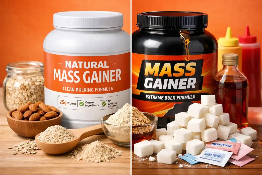 Side-by-side comparison of a clean sugar-free weight gainer with natural ingredients like oats and protein versus a traditional high-sugar mass gainer with artificial sweeteners and maltodextrin.