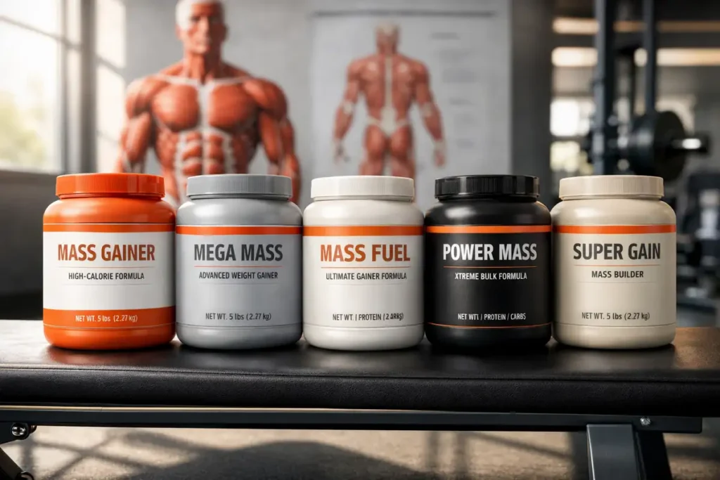 Product lineup of the best low-sugar and zero-sugar mass gainers for lean muscle growth in 2026, including Naked Mass, Transparent Labs, and Rule One.