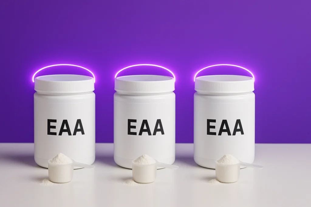 Top 3 EAA supplements with no fillers shown with clean labels and scoops