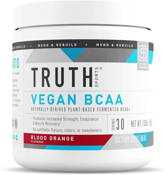 Truth Nutrition plant-based BCAA powder container, vegan fermented amino acids for muscle recovery