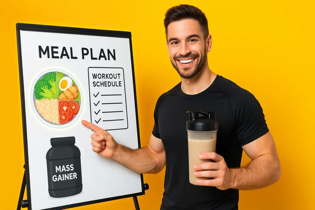 Coach showing how to use mass gainer for lean gains