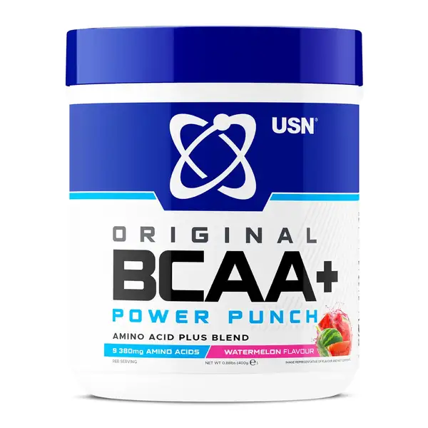 USN Power Punch BCAA amino vegan powder container, plant-based formula for workout recovery