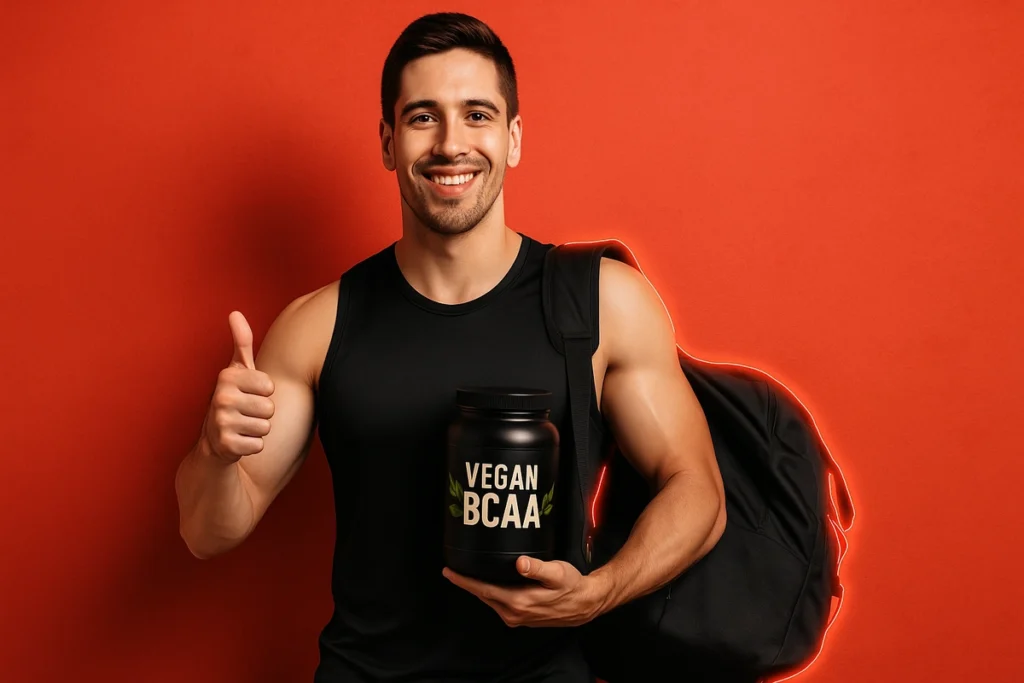 Happy plant-based lifter recommending vegan BCAA supplements
