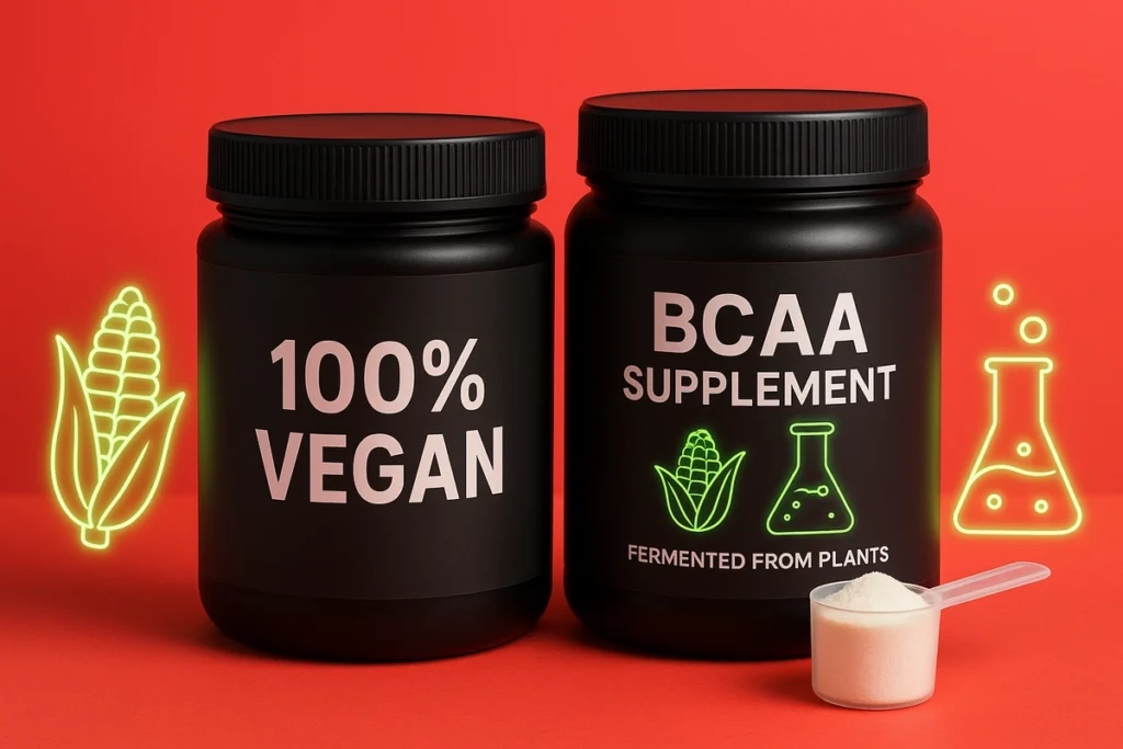 Vegan BCAA label showing fermented plant-based ingredients