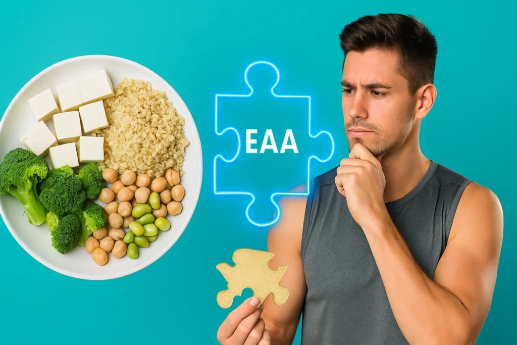 Plant-based meal next to lifter missing essential amino acids for muscle gains