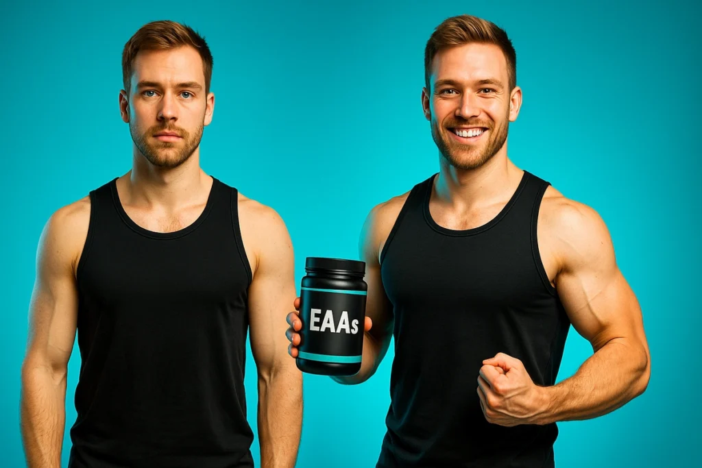 Before and after progress of a vegan lifter using EAA supplements