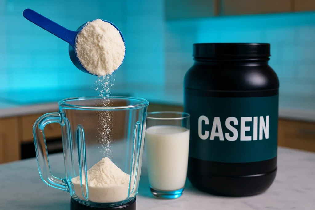 casein protein powder scoop next to milk and blender