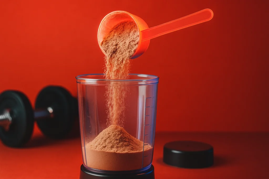 Scoop of mass gainer powder being poured into blender in gym environment