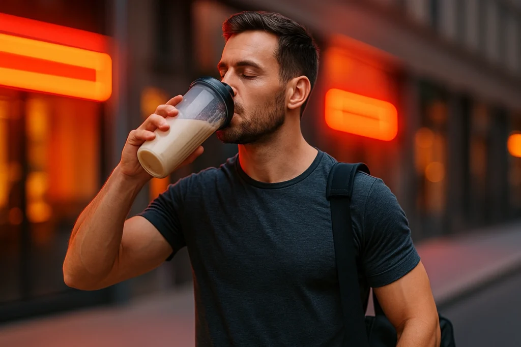 Man drinking mass gainer shake while commuting during a busy schedule