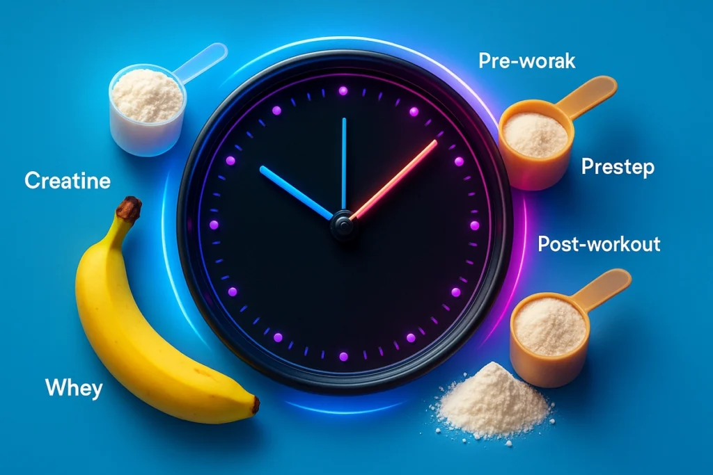 Best time to take whey and creatine shown on a fitness-themed clock