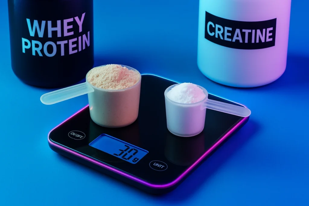 Accurate creatine and whey dosages shown on scale