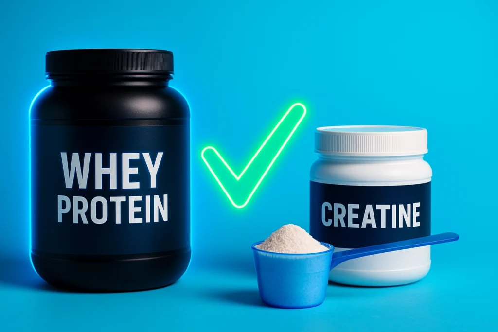 Whey protein and creatine side by side with a green checkmark