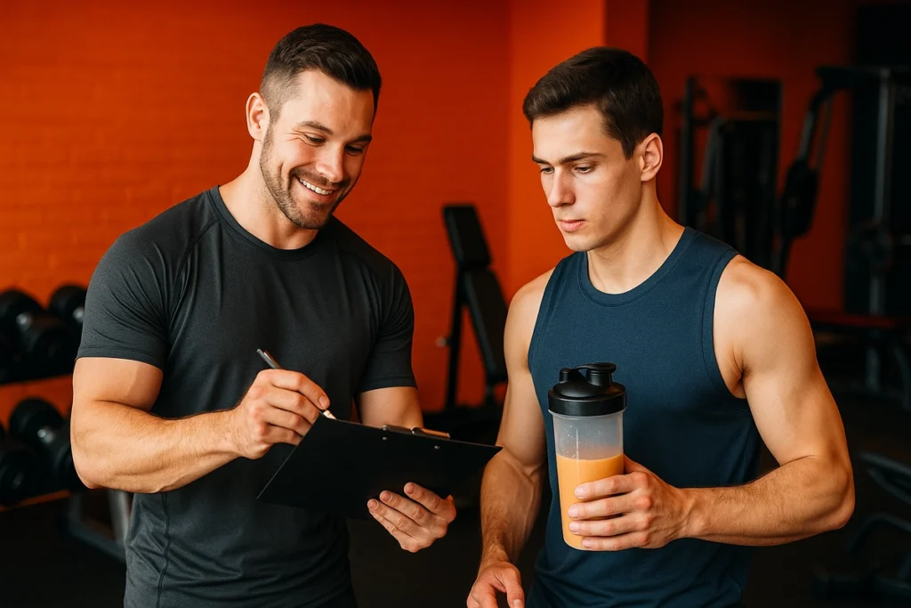 Personal trainer giving whey protein weight gain tips to skinny beginner