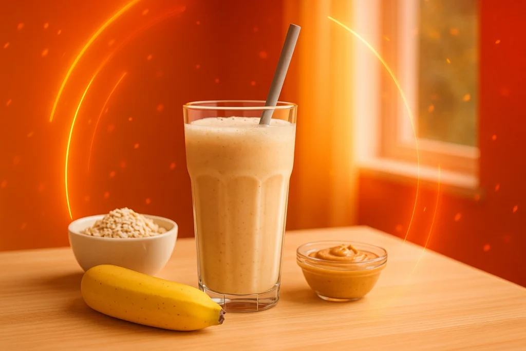 Morning whey protein shake with oats and banana for muscle building