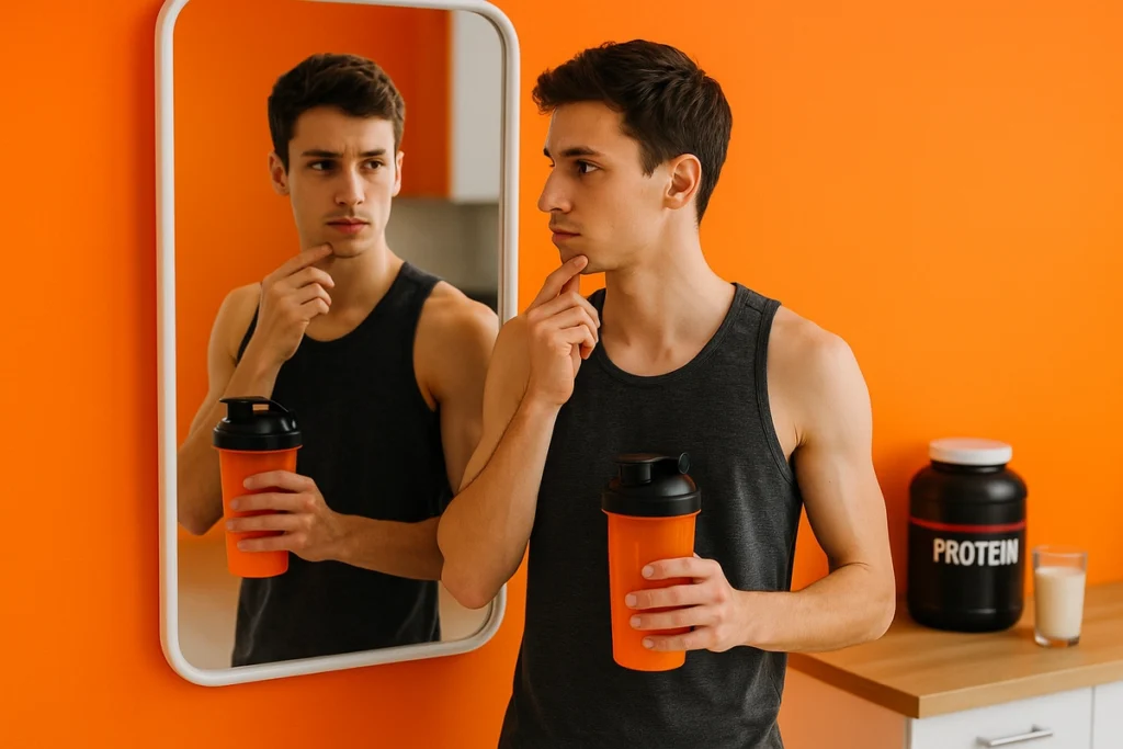 Young man starting weight gain journey with whey protein shake in hand