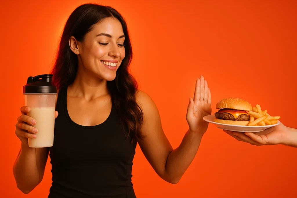 Woman choosing whey protein shake over junk food for craving control