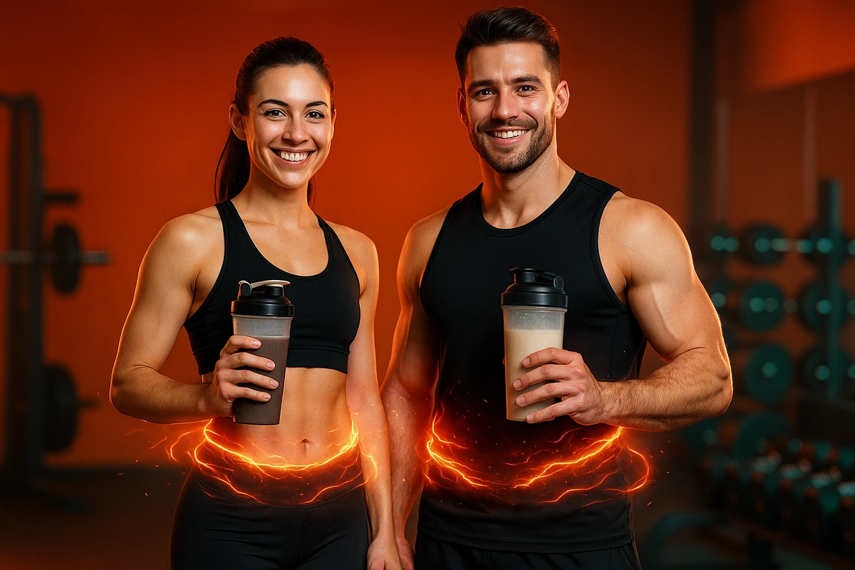 Fit man and woman with whey protein shakers showing fat-burning effect in gym