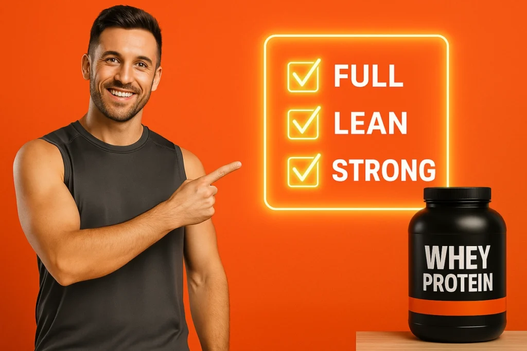 Trainer recommending whey protein for fat loss with checklist in background