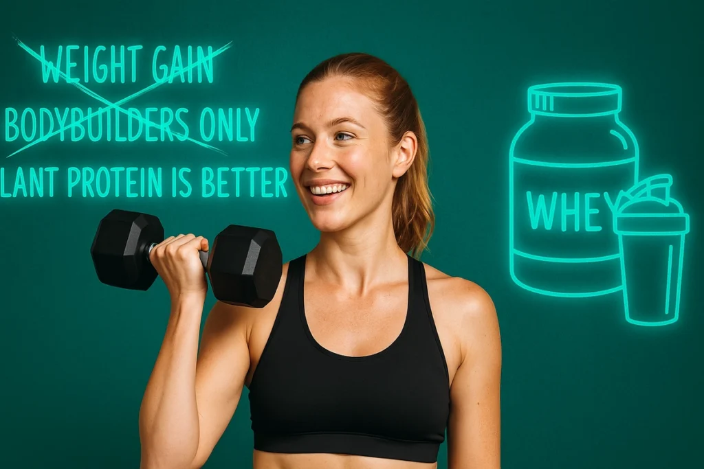 Fitness woman beside myth-busting board on whey protein