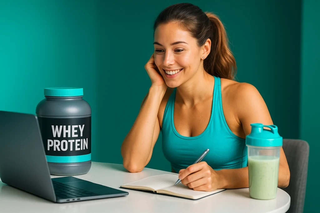 Woman researching whey protein safety and daily use