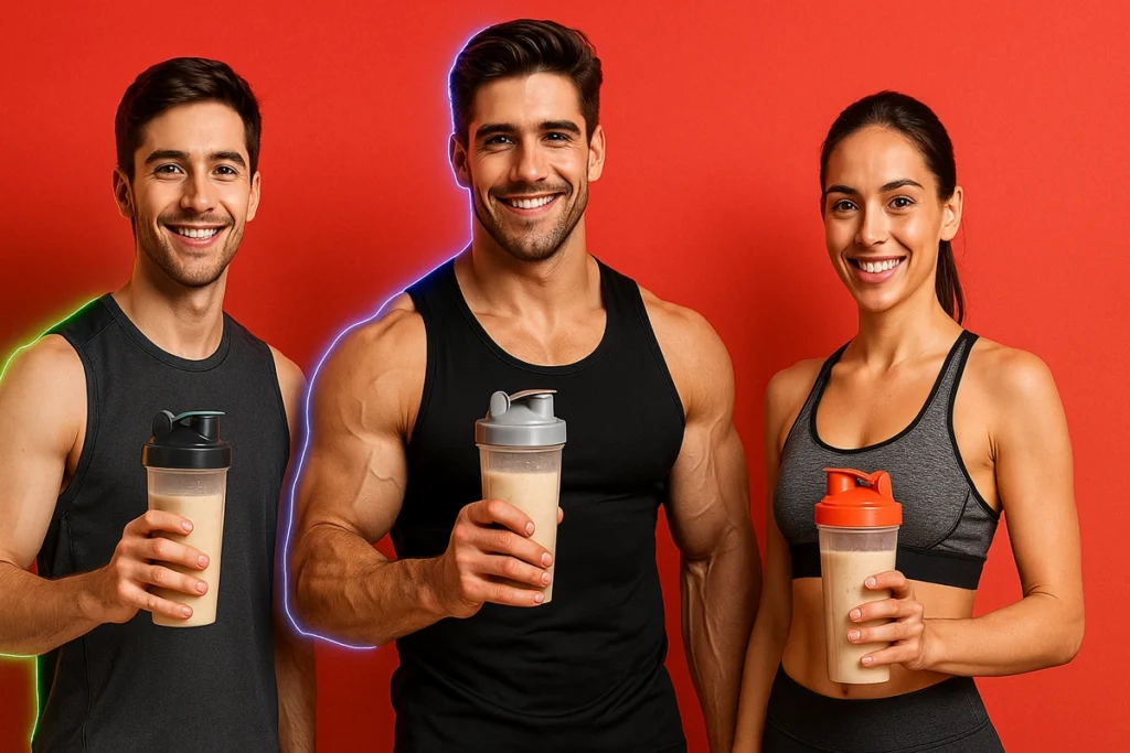 Ectomorph, bodybuilder, and fitness woman using clean mass gainer shakes