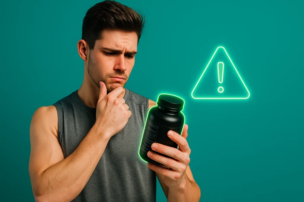 Person checking supplement label with warning symbol for caffeine and creatine