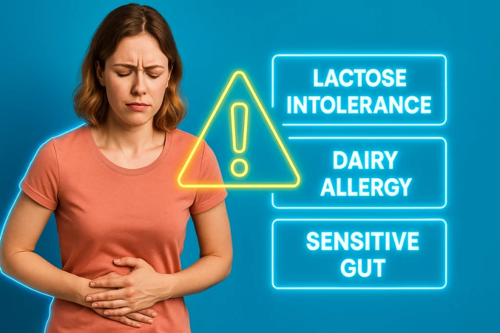 Woman with stomach discomfort and caution sign for casein protein use